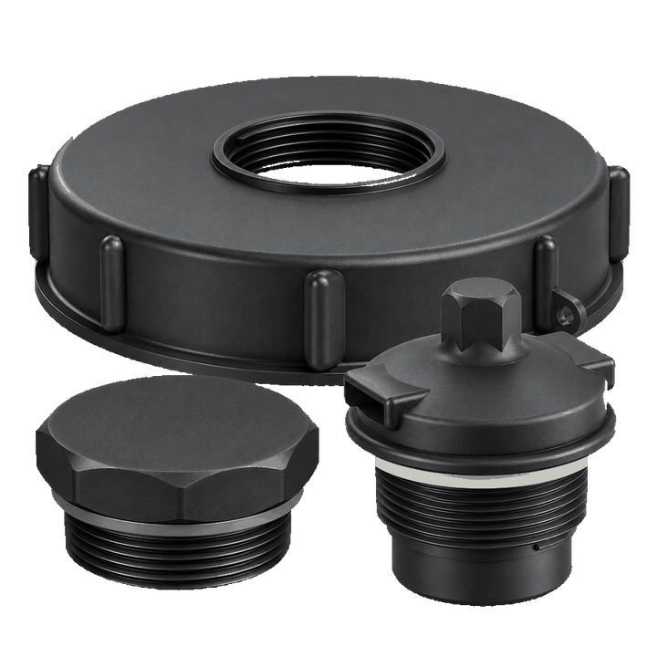 CPP black glass-filled polypropylene 150 mm IBC lid with open centre, separate DBMP20B027 blanking plug and HMVMN20MM027 pressure and vacuum relief vent in front