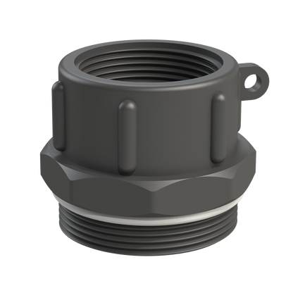CPP® BCS G2 × 11.5 (2″ BSP/NPS) drum adaptor with 1½″ female threaded outlet in black glass-filled polypropylene