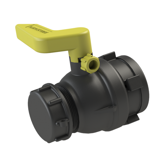 2'' 'DARCIE-LITE' IBC ball valve, S60X6 female buttress in-let x 2'' NPT male, C/W dust cap, BLACK,