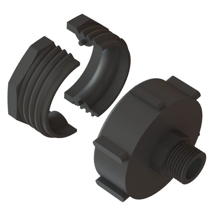 CPP Camlock converter showing two clamp shells and a ¾″ NHR garden hose outlet adaptor