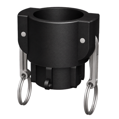 1½″ Female Camlock × 1¼″ NPT Female (Type D) in black glass-filled polypropylene