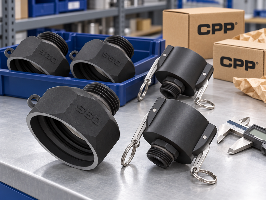 Illustration of finished CPP glass-filled polypropylene IBC adaptors and Camlock couplings on an inspection and packing bench
