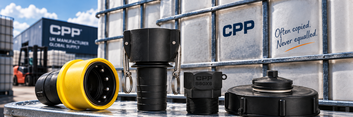 CPP liquid handling fittings and couplings with industrial IBC containers