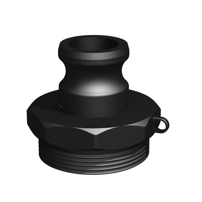 CPP® BCS G2 × 11.5 (2″ BSP/NPS) Drum Thread × 1″ Male Camlock in black glass-filled polypropylene – product view 1