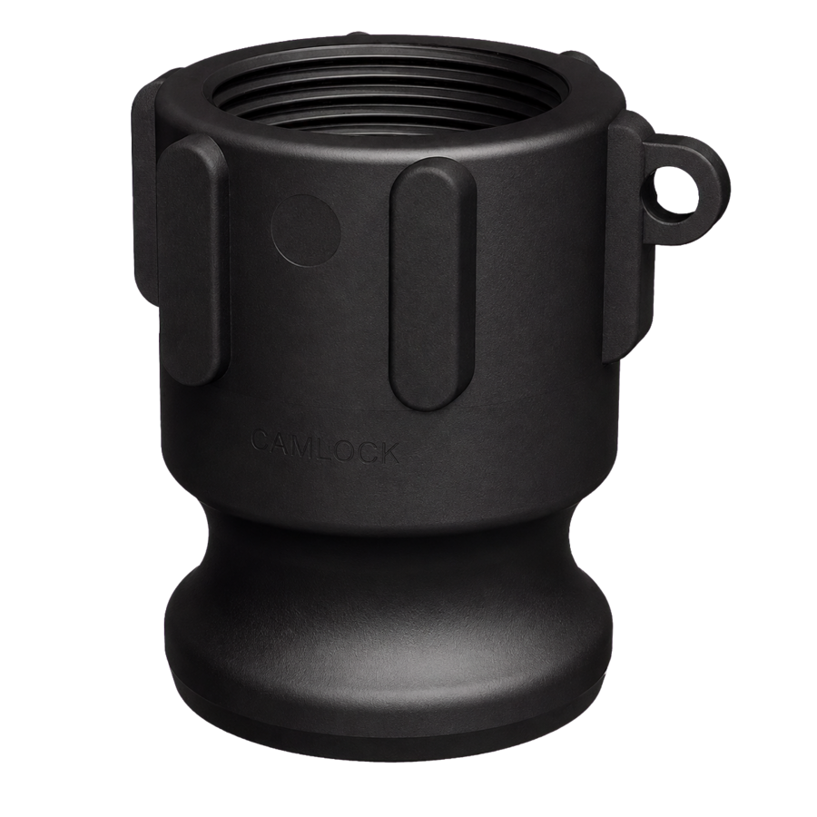 1½″ Male Camlock × 1¼″ NPT Female (Type A) in black glass-filled polypropylene